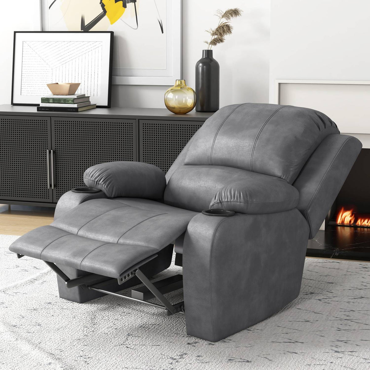 Relaxation Chair With Rocking And Reclining Function, Rotating Tv Chair, Cup Holder, Microfiber Cloth, Grey