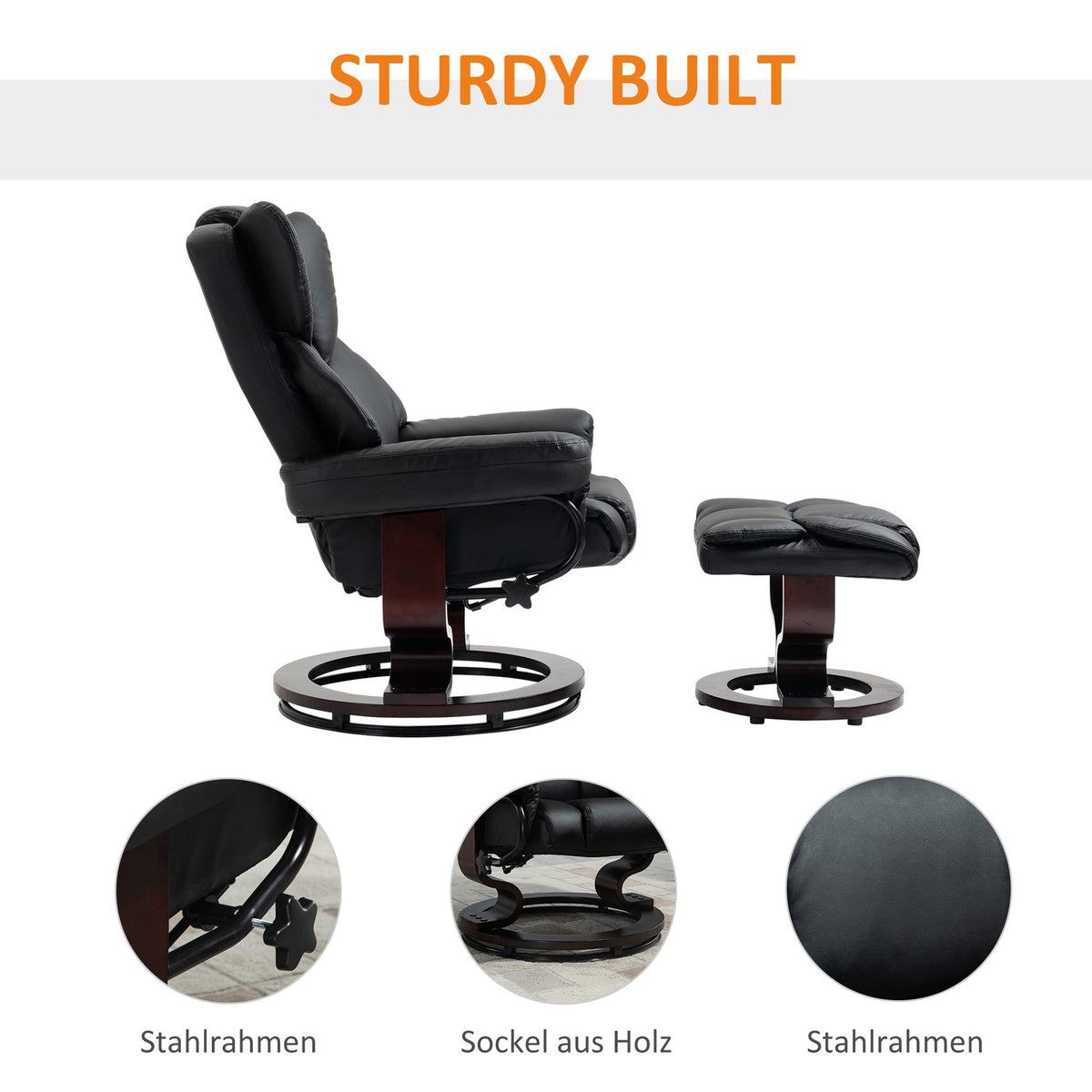 Relaxation Chair With Stool, Rotating Tv Chair With Reclining Function, Faux Leather, Black