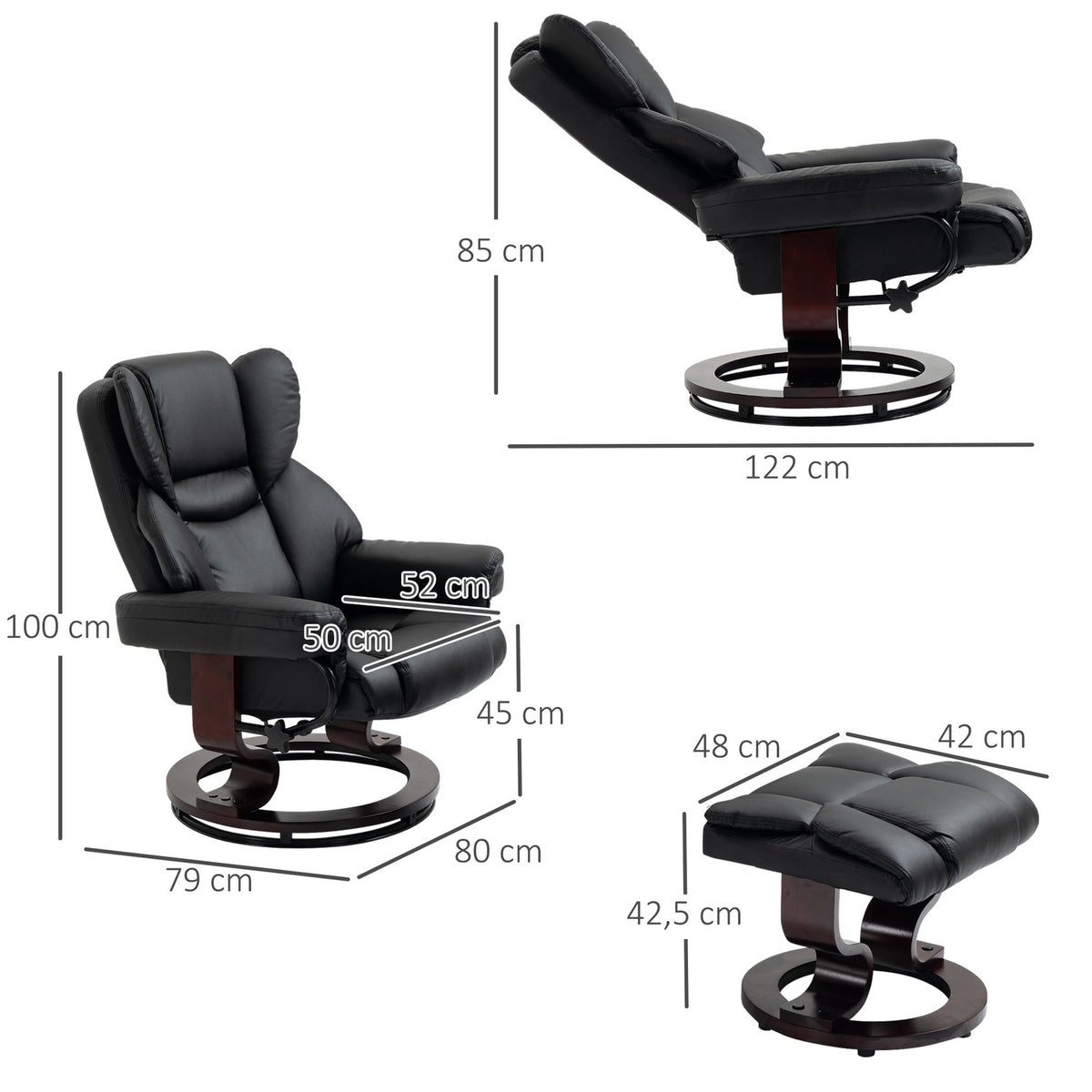 Relaxation Chair With Stool, Rotating Tv Chair With Reclining Function, Faux Leather, Black