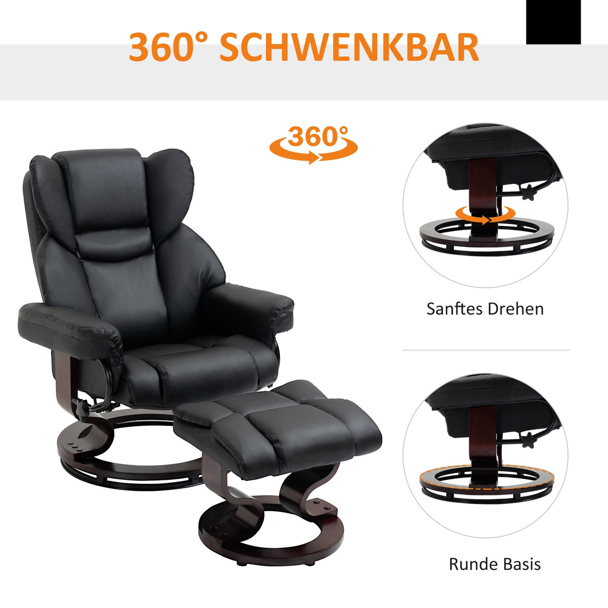 Relaxation Chair With Stool, Rotating Tv Chair With Reclining Function, Faux Leather, Black
