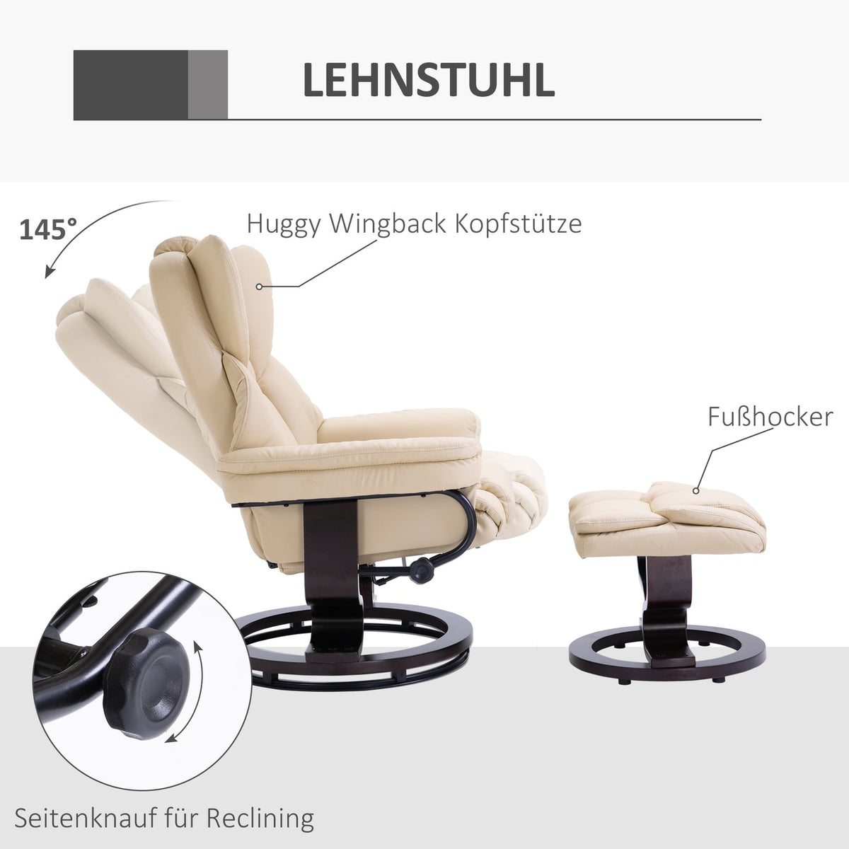 Relaxation Chair With Stool, Rotating Tv Chair With Reclining Function, Faux Leather, Cream