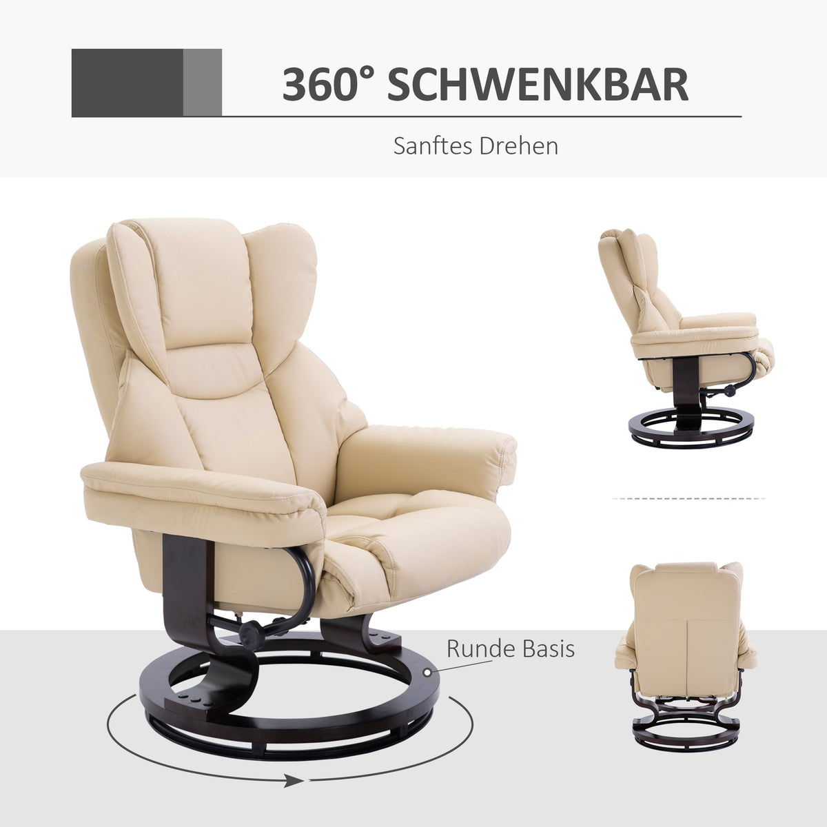 Relaxation Chair With Stool, Rotating Tv Chair With Reclining Function, Faux Leather, Cream