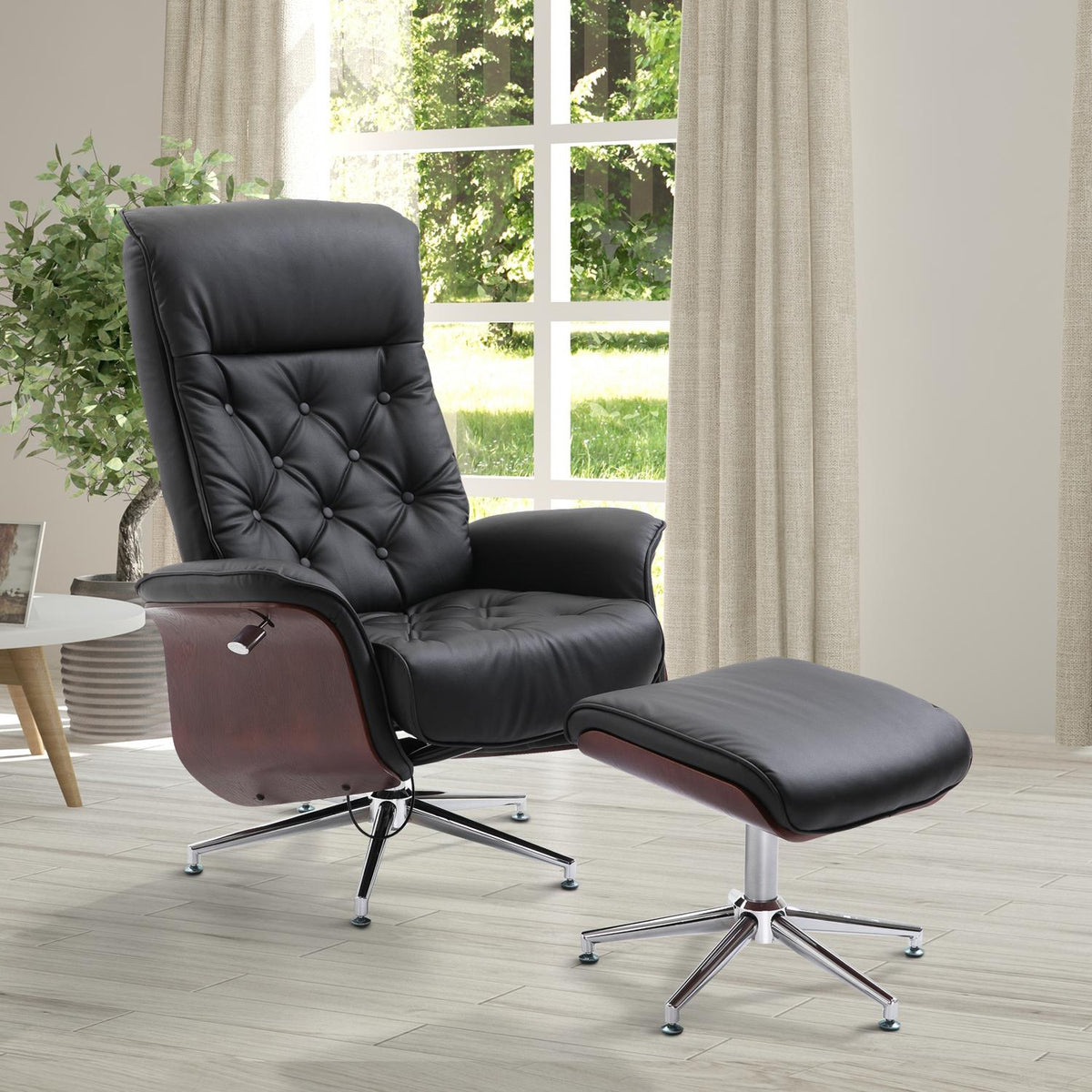 Relaxation Chair With Stool Tv Chair Upholstered Chair 360° Rotatable 145° Tiltable Chesterfield Pu Cover Wood Paneling Metal Base 82X83X110Cm