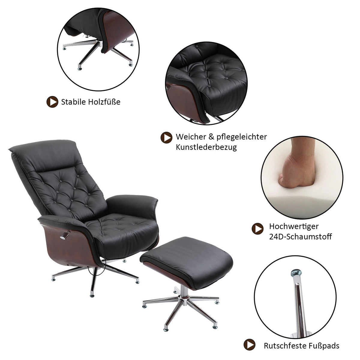 Relaxation Chair With Stool Tv Chair Upholstered Chair 360° Rotatable 145° Tiltable Chesterfield Pu Cover Wood Paneling Metal Base 82X83X110Cm