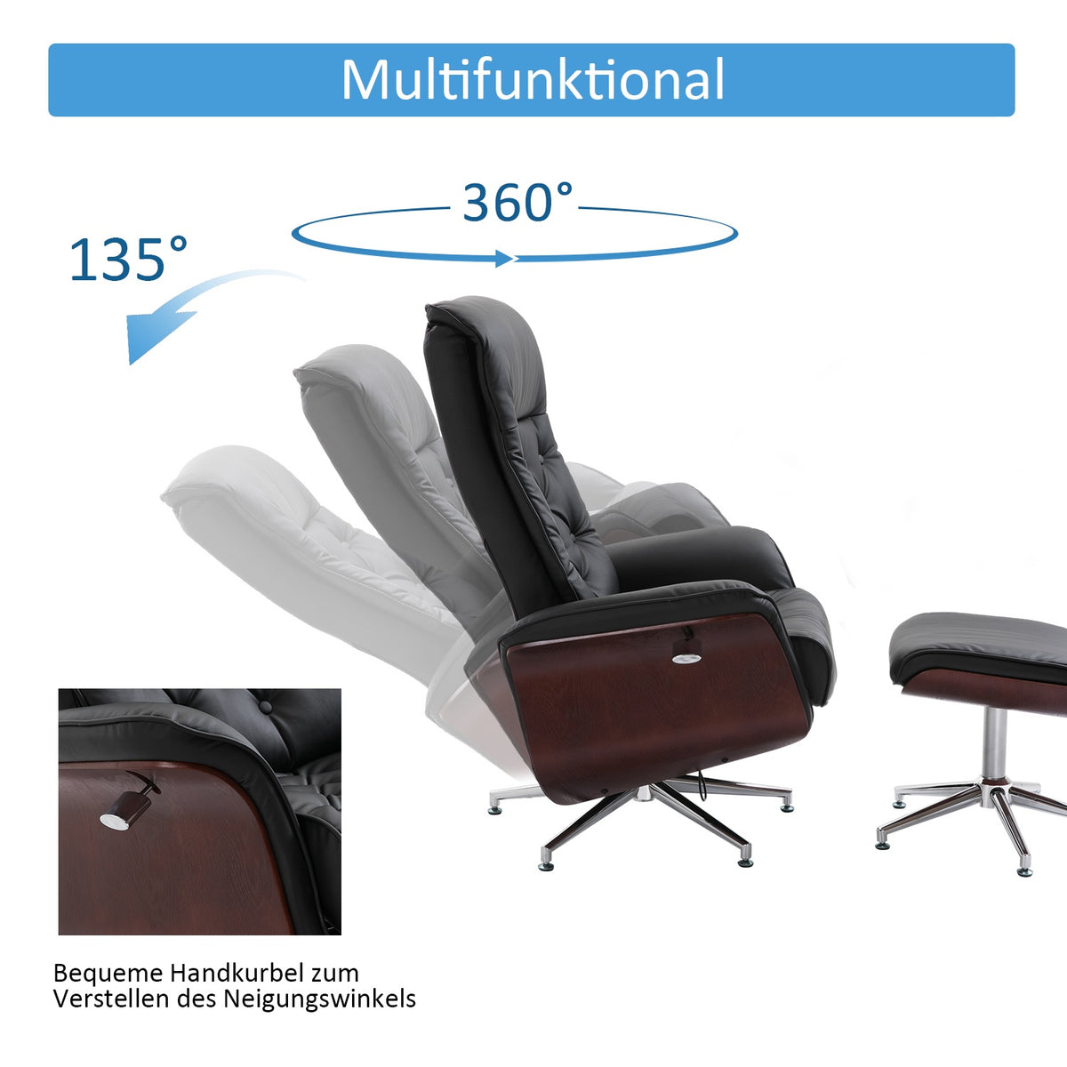 Relaxation Chair With Stool Tv Chair Upholstered Chair 360° Rotatable 145° Tiltable Chesterfield Pu Cover Wood Paneling Metal Base 82X83X110Cm