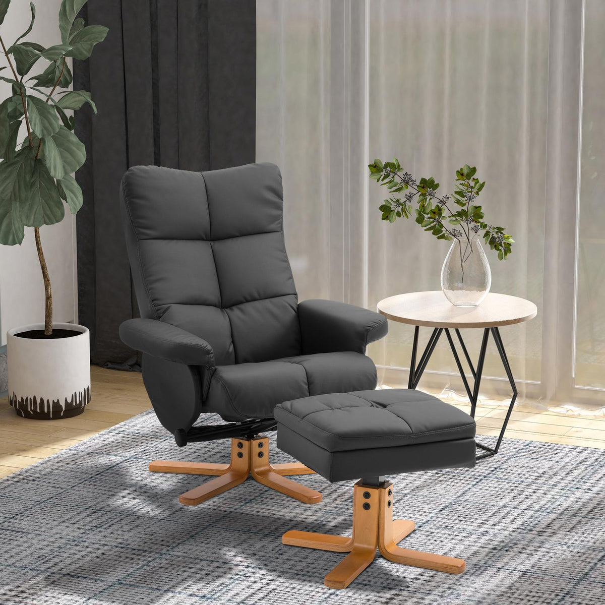 Relaxation Chair With Stool Tv Chair With Reclining Function, 360° Rotatable, Pu, Wooden Frame, Black, 80X86X99Cm