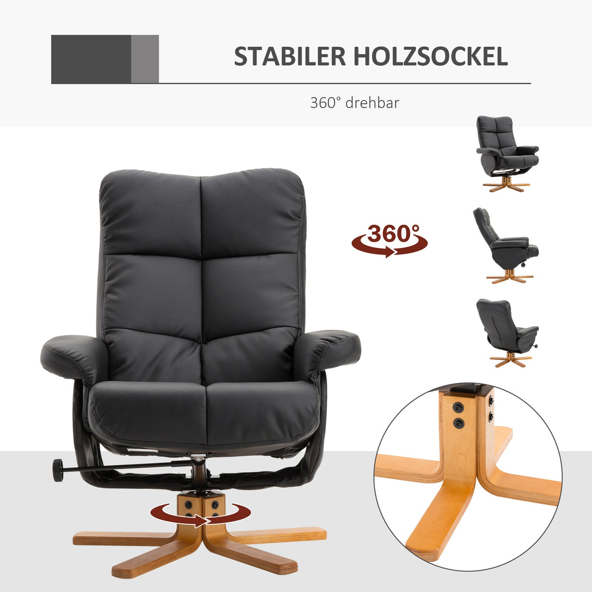 Relaxation Chair With Stool Tv Chair With Reclining Function, 360° Rotatable, Pu, Wooden Frame, Black, 80X86X99Cm