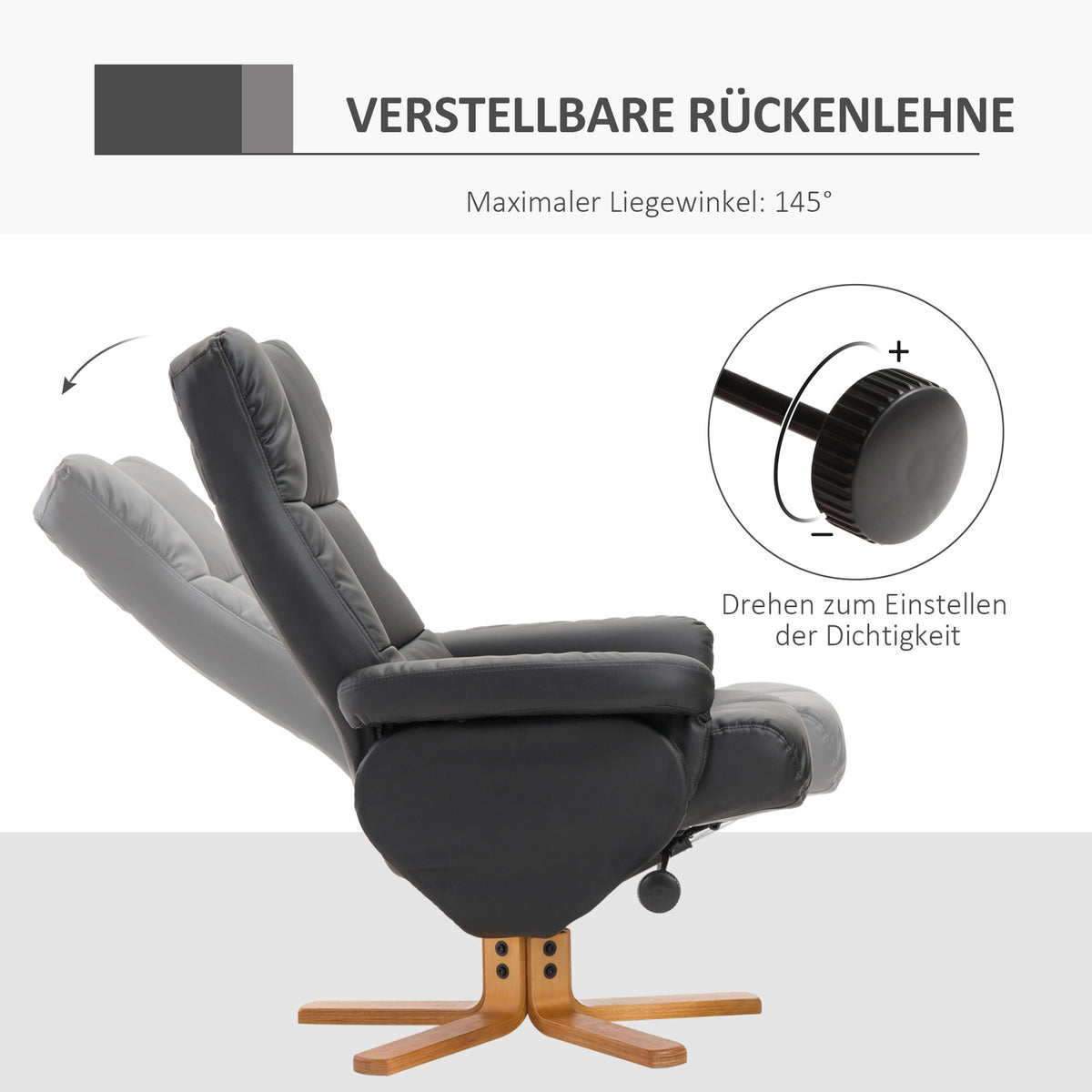 Relaxation Chair With Stool Tv Chair With Reclining Function, 360° Rotatable, Pu, Wooden Frame, Black, 80X86X99Cm