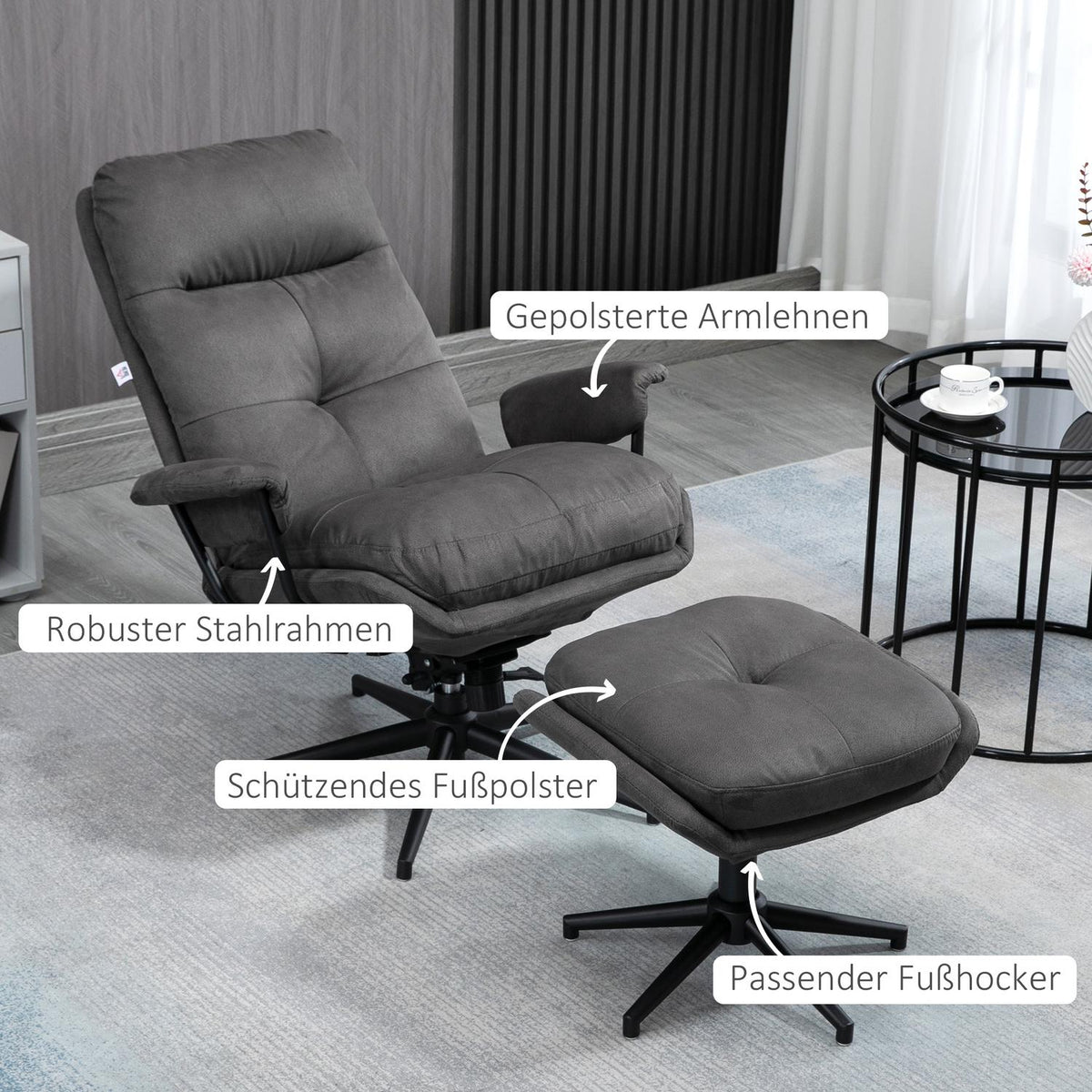 Relaxation Chair With Stool, Tv Chair With Swivel Base, Tv Chair With Reclining Function, Load Capacity Up To 150 Kg, Polyester, Steel, Dark Gray