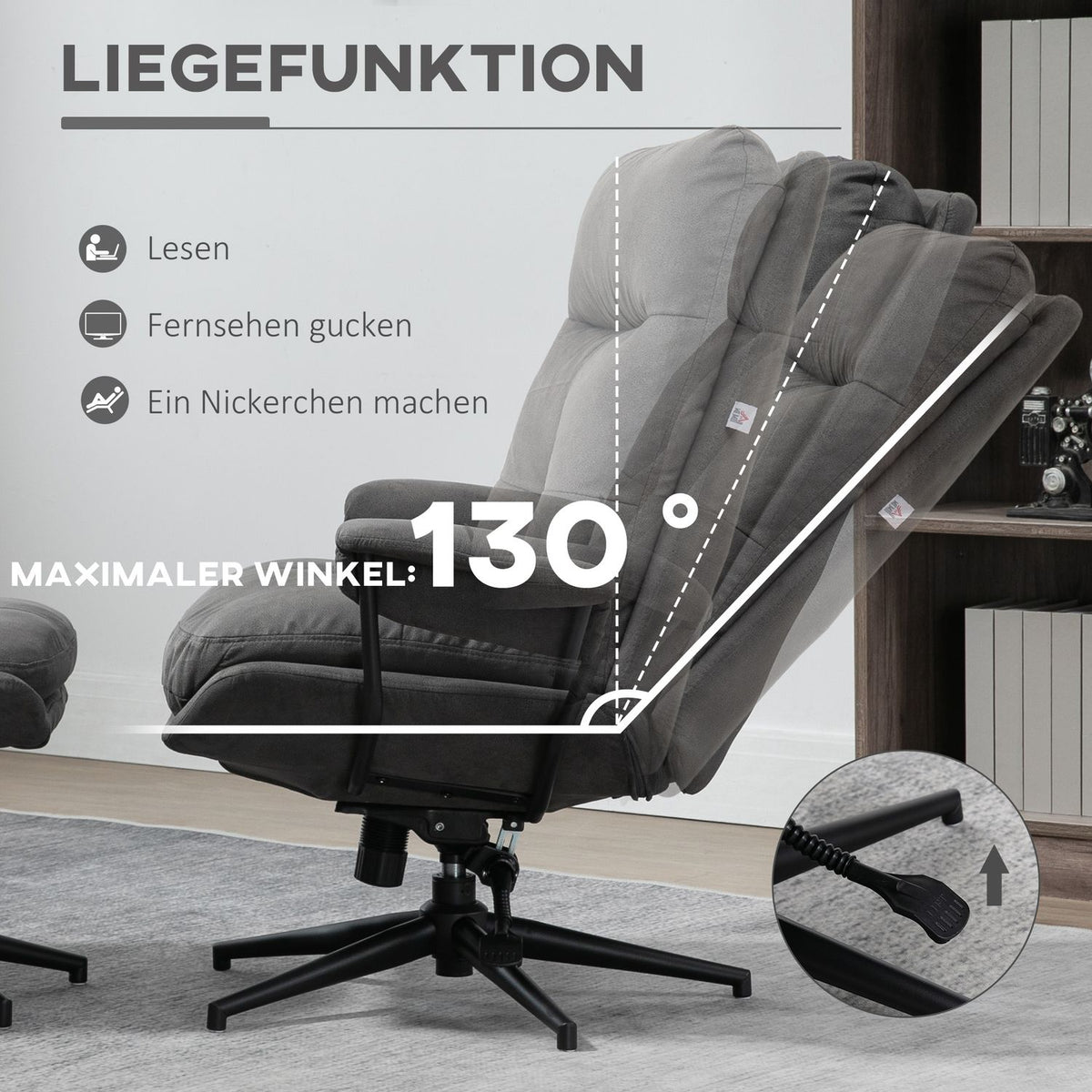 Relaxation Chair With Stool, Tv Chair With Swivel Base, Tv Chair With Reclining Function, Load Capacity Up To 150 Kg, Polyester, Steel, Dark Gray
