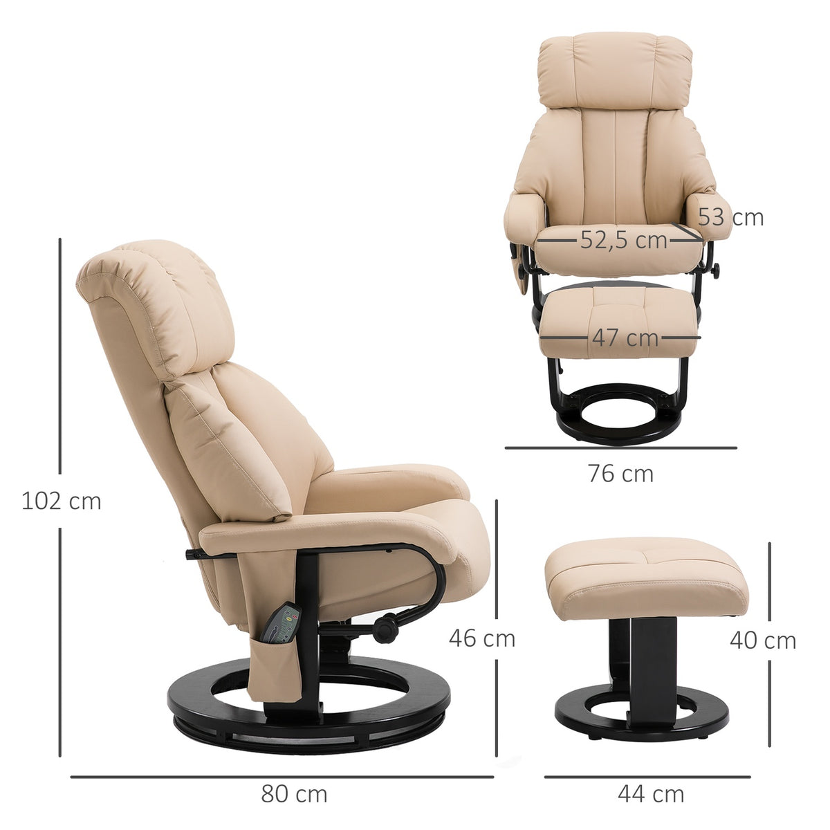 Relaxation Lounger With Reclining Function, Massage Chair, Tv Chair, Recliner, Ergonomic Chair, Armchair With Stool, Massage, Beige, 76 X 80 X 102 Cm