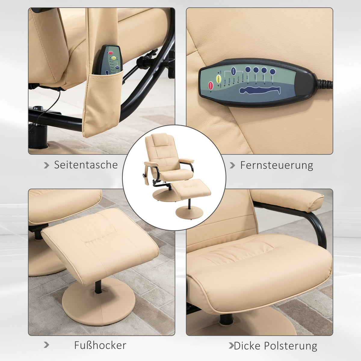 Relaxation Lounger With Reclining Function, Massage Chair, Tv Chair, Tv Armchair With Massage Function Incl. Stool, Faux Leather, Cream White, 77 X 84 X 95 Cm