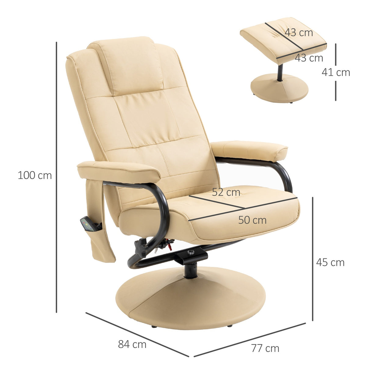 Relaxation Lounger With Reclining Function, Massage Chair, Tv Chair, Tv Armchair With Massage Function Incl. Stool, Faux Leather, Cream White, 77 X 84 X 95 Cm