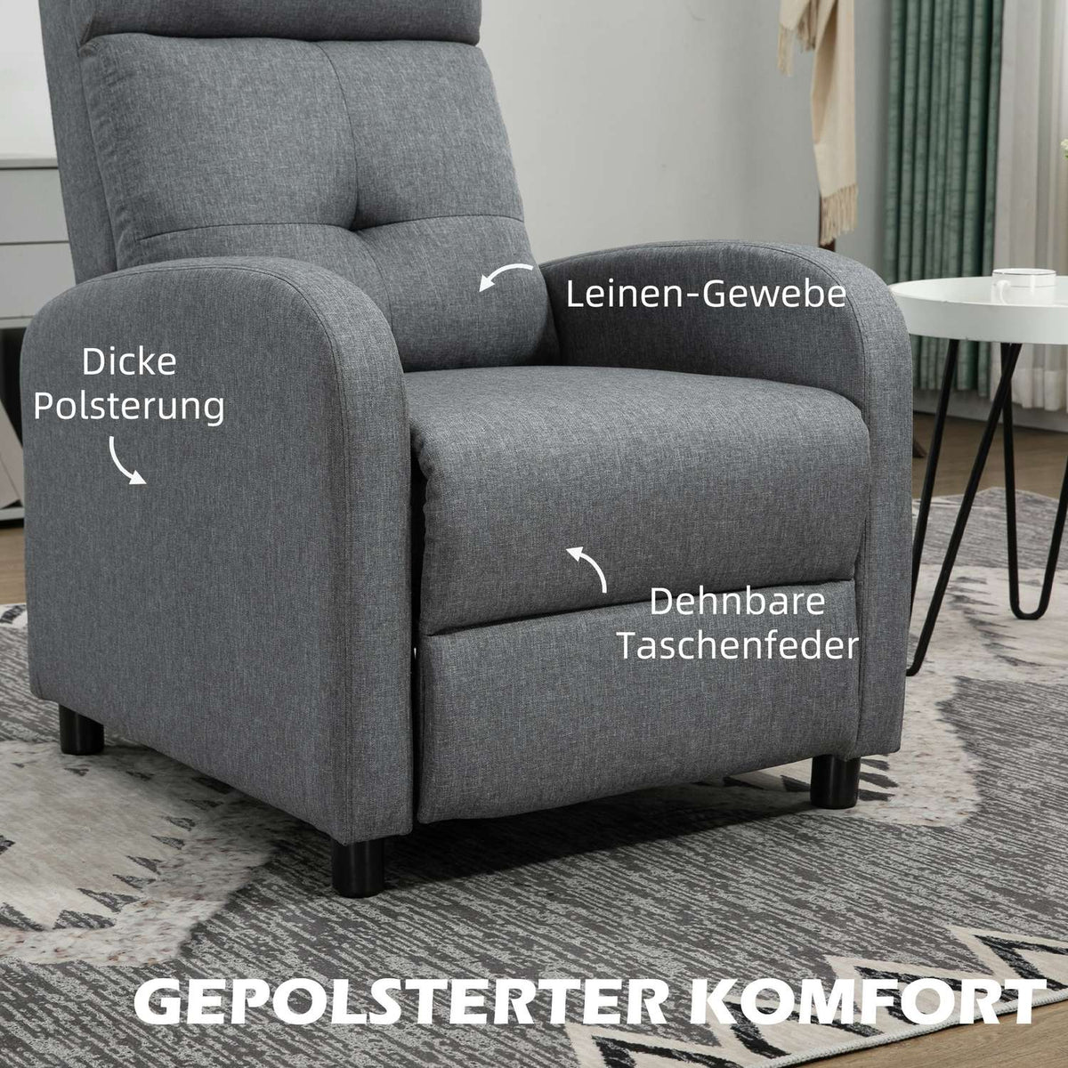 Relaxation armchair, TV armchair with reclining function, TV armchair with linen look, upholstered reclining armchair with pocket spring core, recliner chair with a load capacity of up to 150 kg for the living room, gray