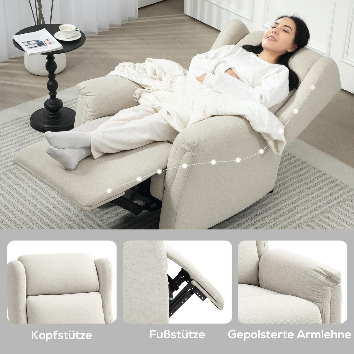 Relaxation armchair, TV armchair with reclining function, TV armchair with pocket spring core, padded recliner armchair, recliner chair with a load capacity of up to 150 kg for living room, bedroom, beige