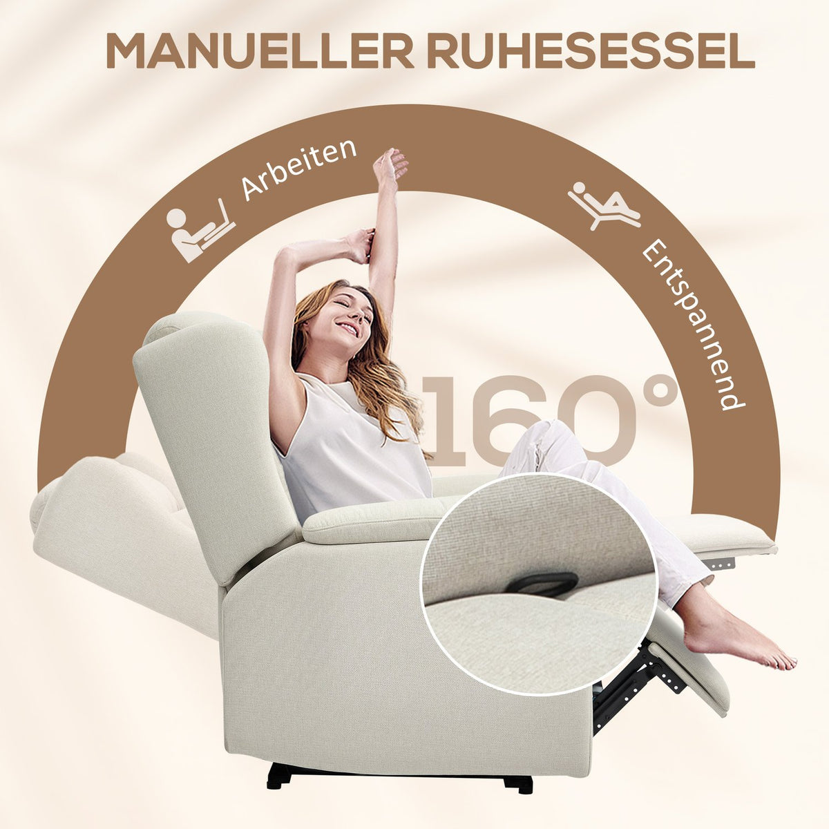 Relaxation armchair, TV armchair with reclining function, TV armchair with pocket spring core, padded recliner armchair, recliner chair with a load capacity of up to 150 kg for living room, bedroom, beige