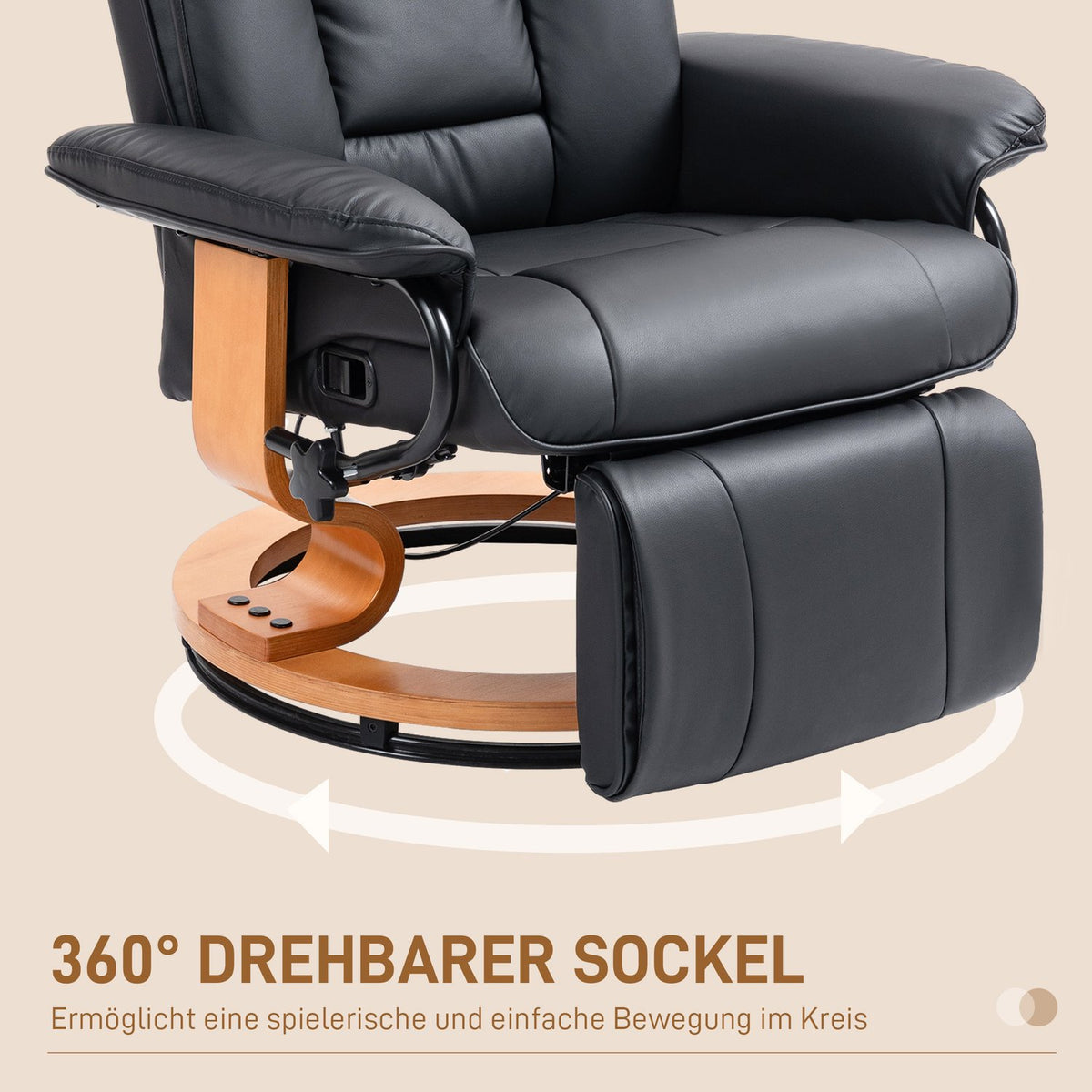 Relaxation armchair swivel TV armchair with reclining function and footrest can hold up to 150 kg, TV armchair made of faux leather in black for living room