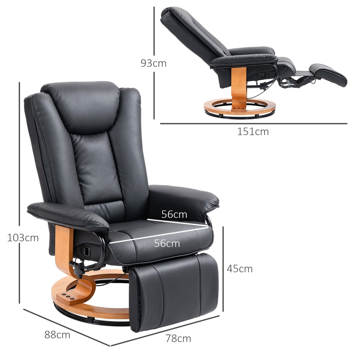 Relaxation armchair swivel TV armchair with reclining function and footrest can hold up to 150 kg, TV armchair made of faux leather in black for living room