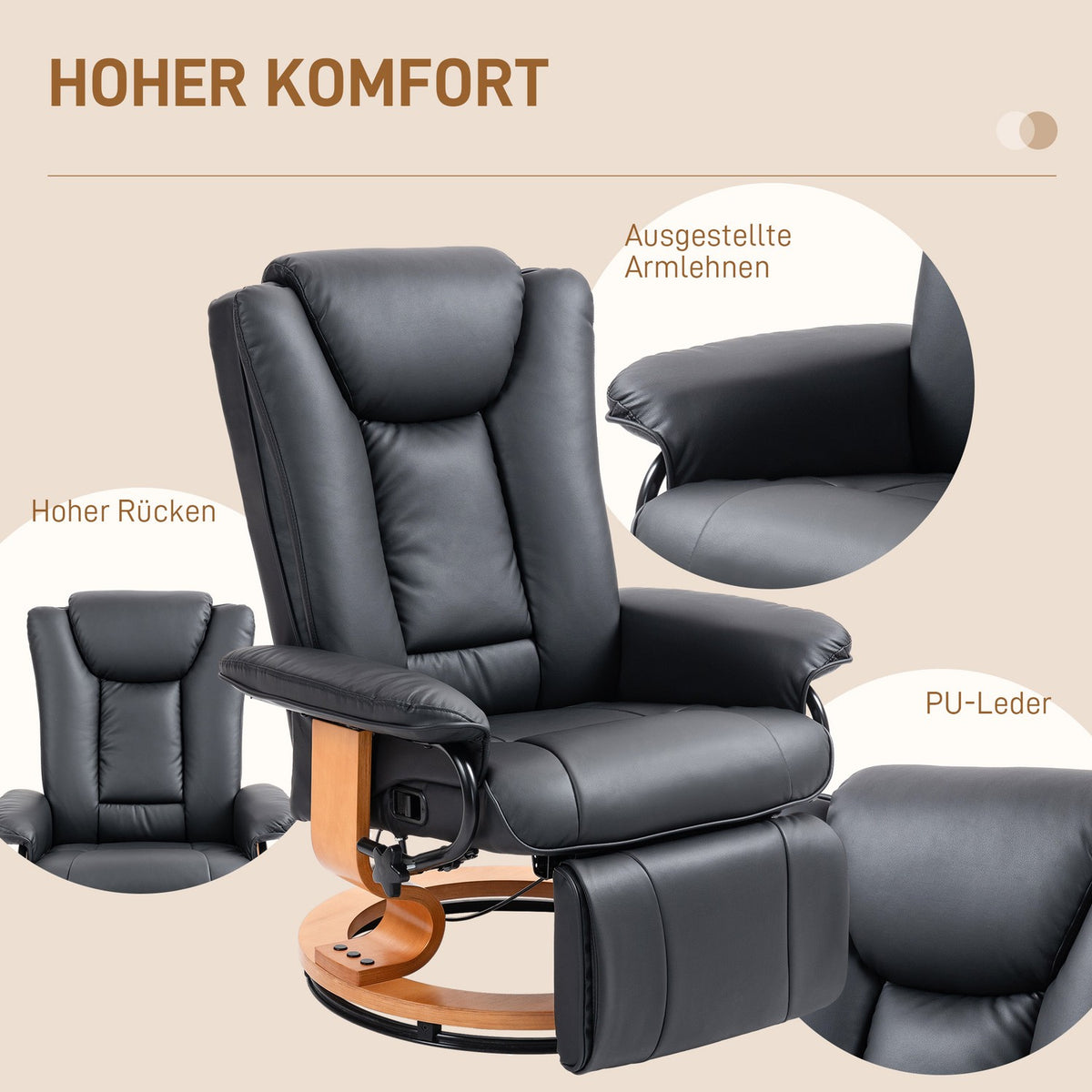 Relaxation armchair swivel TV armchair with reclining function and footrest can hold up to 150 kg, TV armchair made of faux leather in black for living room