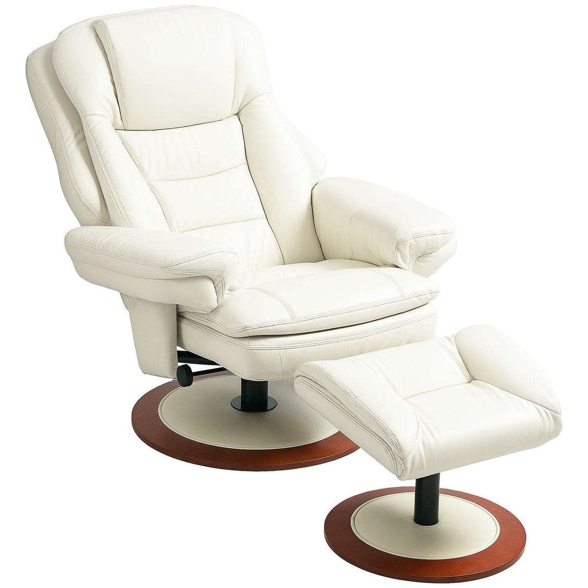 Relaxation armchair with stool, TV armchair with reclining function, rotating TV armchair with wooden base, reclining armchair with a load capacity of up to 150 kg for the living room, faux leather, cream white