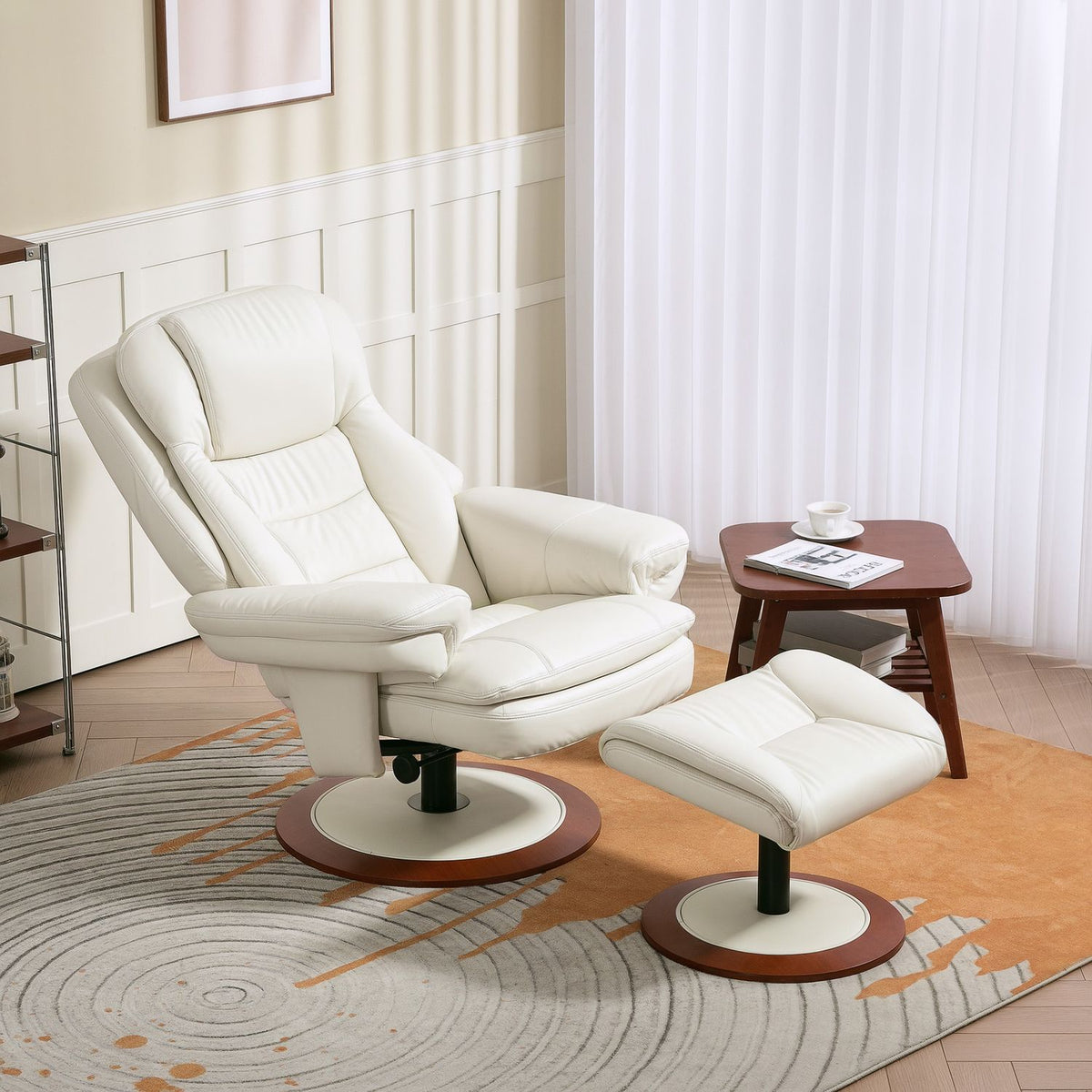 Relaxation armchair with stool, TV armchair with reclining function, rotating TV armchair with wooden base, reclining armchair with a load capacity of up to 150 kg for the living room, faux leather, cream white