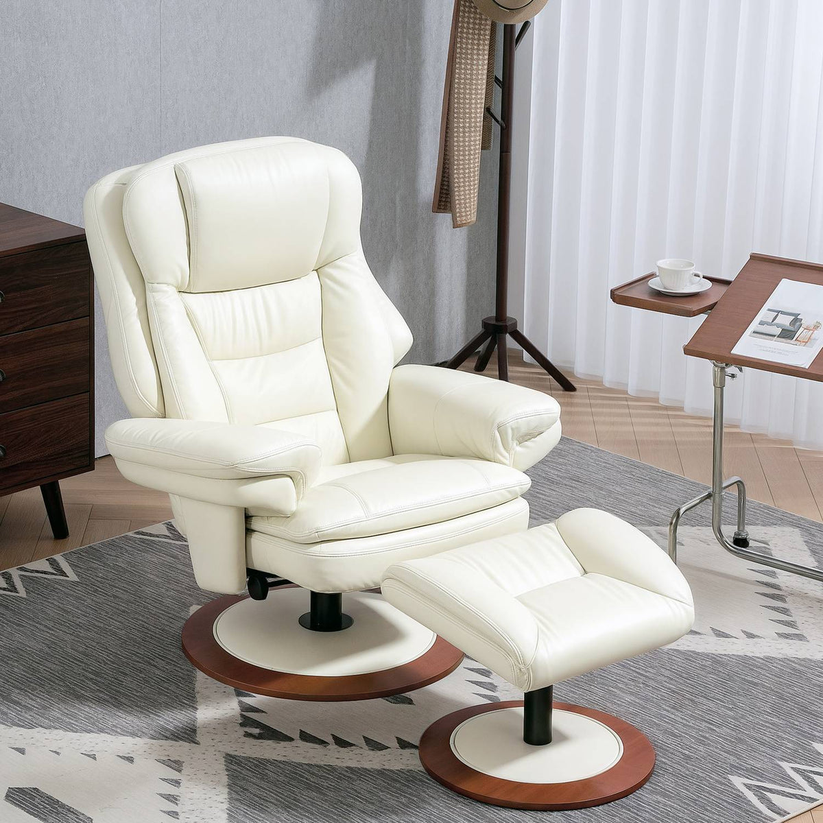 Relaxation armchair with stool, TV armchair with reclining function, rotating TV armchair with wooden base, reclining armchair with a load capacity of up to 150 kg for the living room, faux leather, cream white