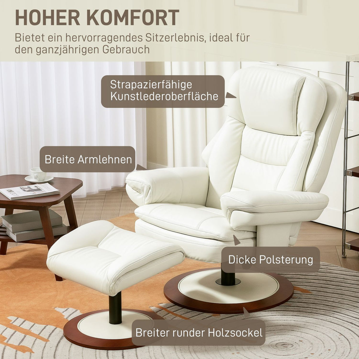 Relaxation armchair with stool, TV armchair with reclining function, rotating TV armchair with wooden base, reclining armchair with a load capacity of up to 150 kg for the living room, faux leather, cream white