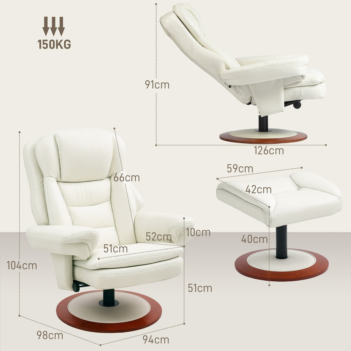 Relaxation armchair with stool, TV armchair with reclining function, rotating TV armchair with wooden base, reclining armchair with a load capacity of up to 150 kg for the living room, faux leather, cream white