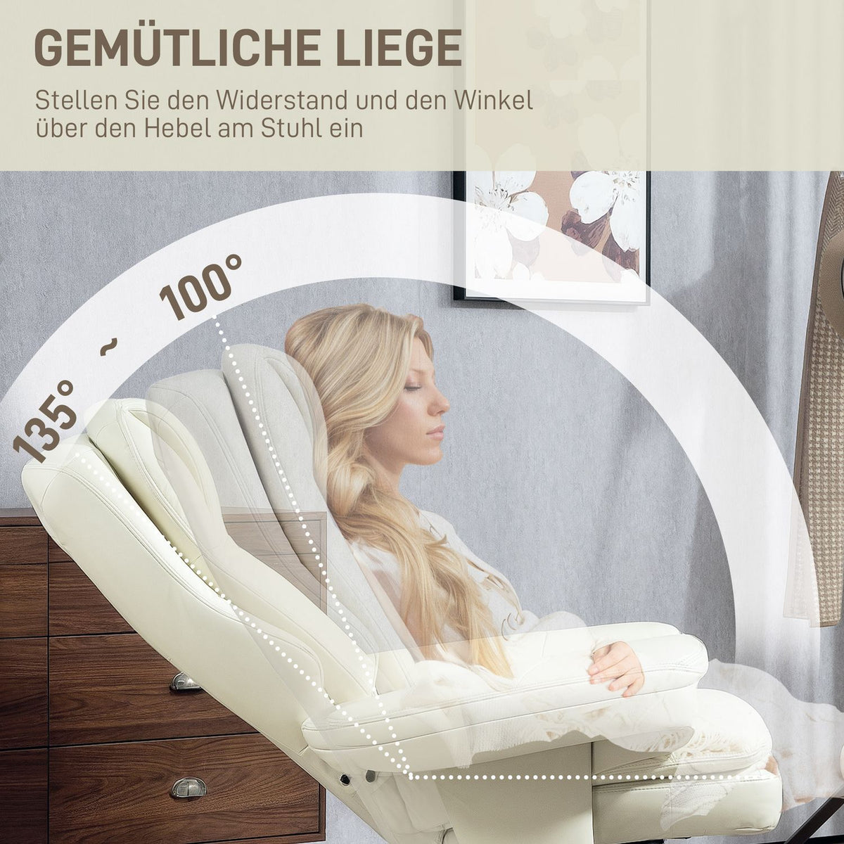 Relaxation armchair with stool, TV armchair with reclining function, rotating TV armchair with wooden base, reclining armchair with a load capacity of up to 150 kg for the living room, faux leather, cream white