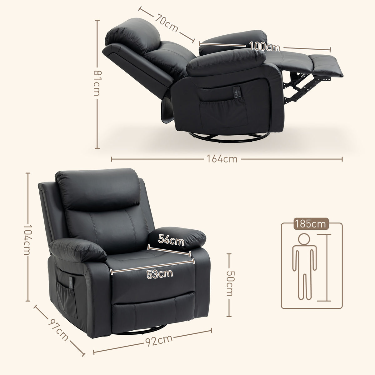 Relaxation chair Massage chair with reclining and rocking function TV chair with 8 vibration heads, side pocket, remote control
