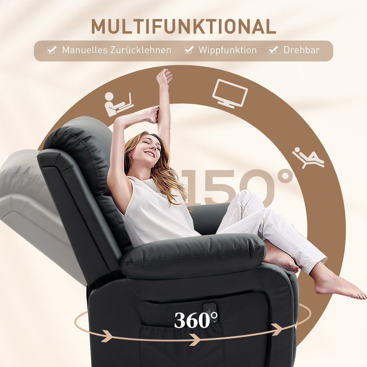 Relaxation chair Massage chair with reclining and rocking function TV chair with 8 vibration heads, side pocket, remote control