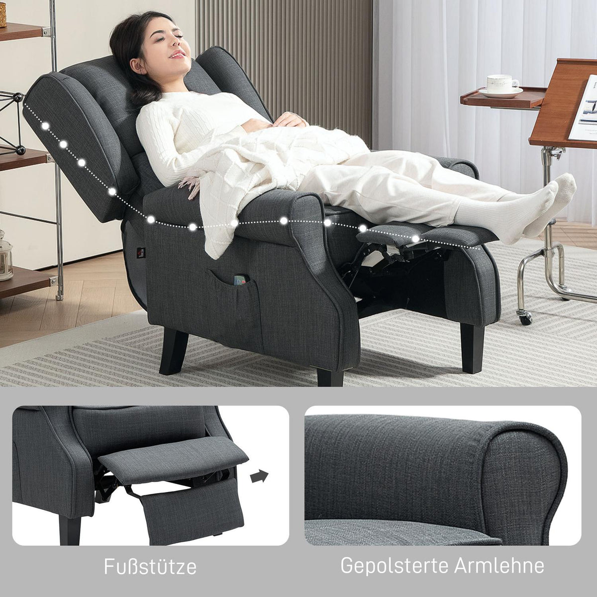 Relaxation chair TV chair with reclining function Electrically adjustable massage chair with heat function Foot part side pocket Remote control TV chair for living room Dark gray