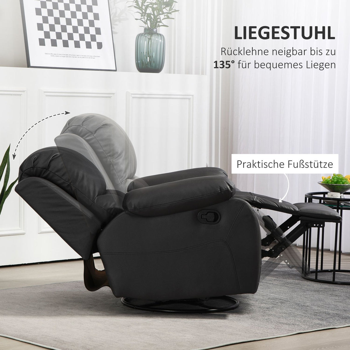 Relaxation chair, TV chair with reclining function, footrest, swivel TV chair with pocket spring core system, black