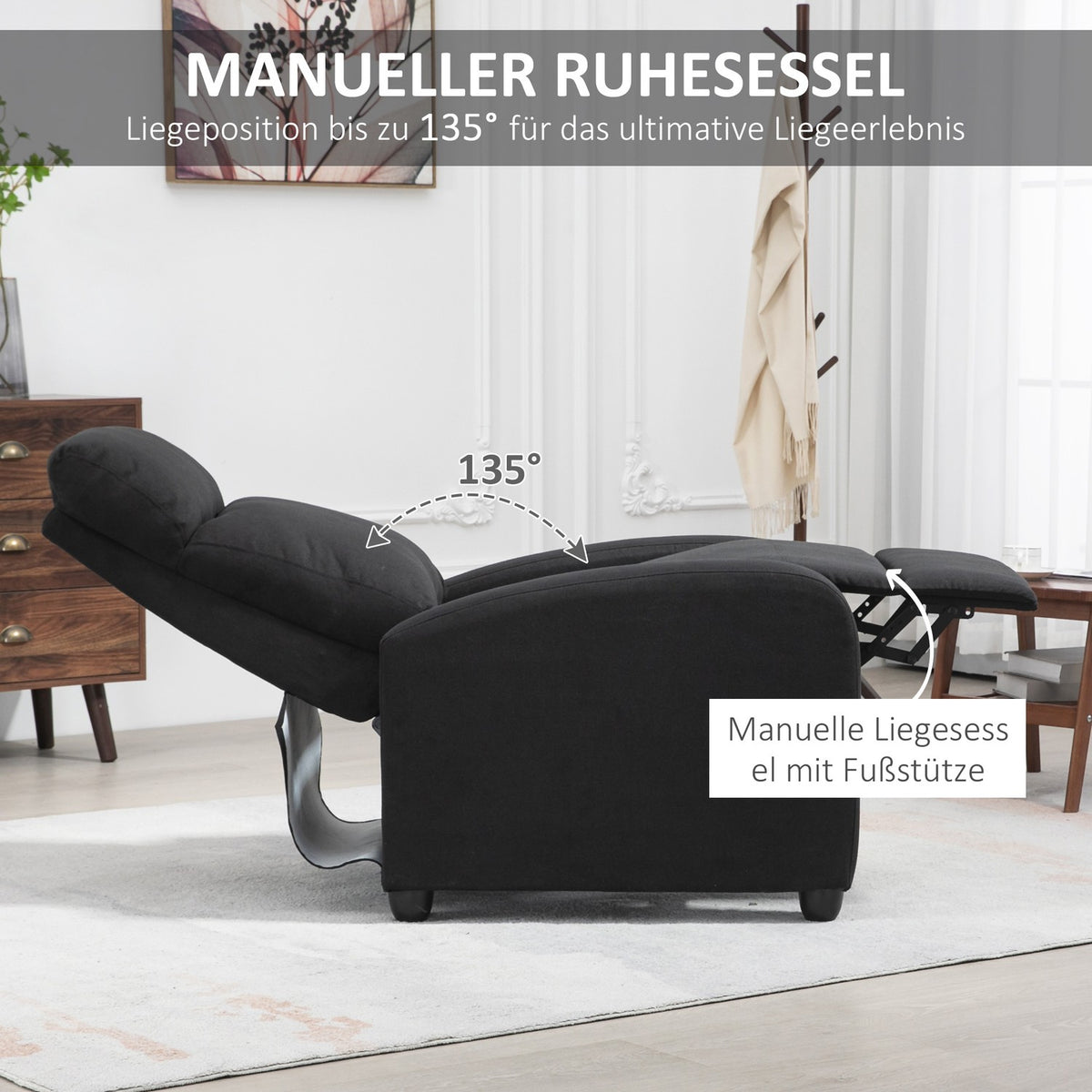 Relaxation chair TV chair with reclining function, linen look, upholstered TV chair with footrest, for living room, bedroom, black