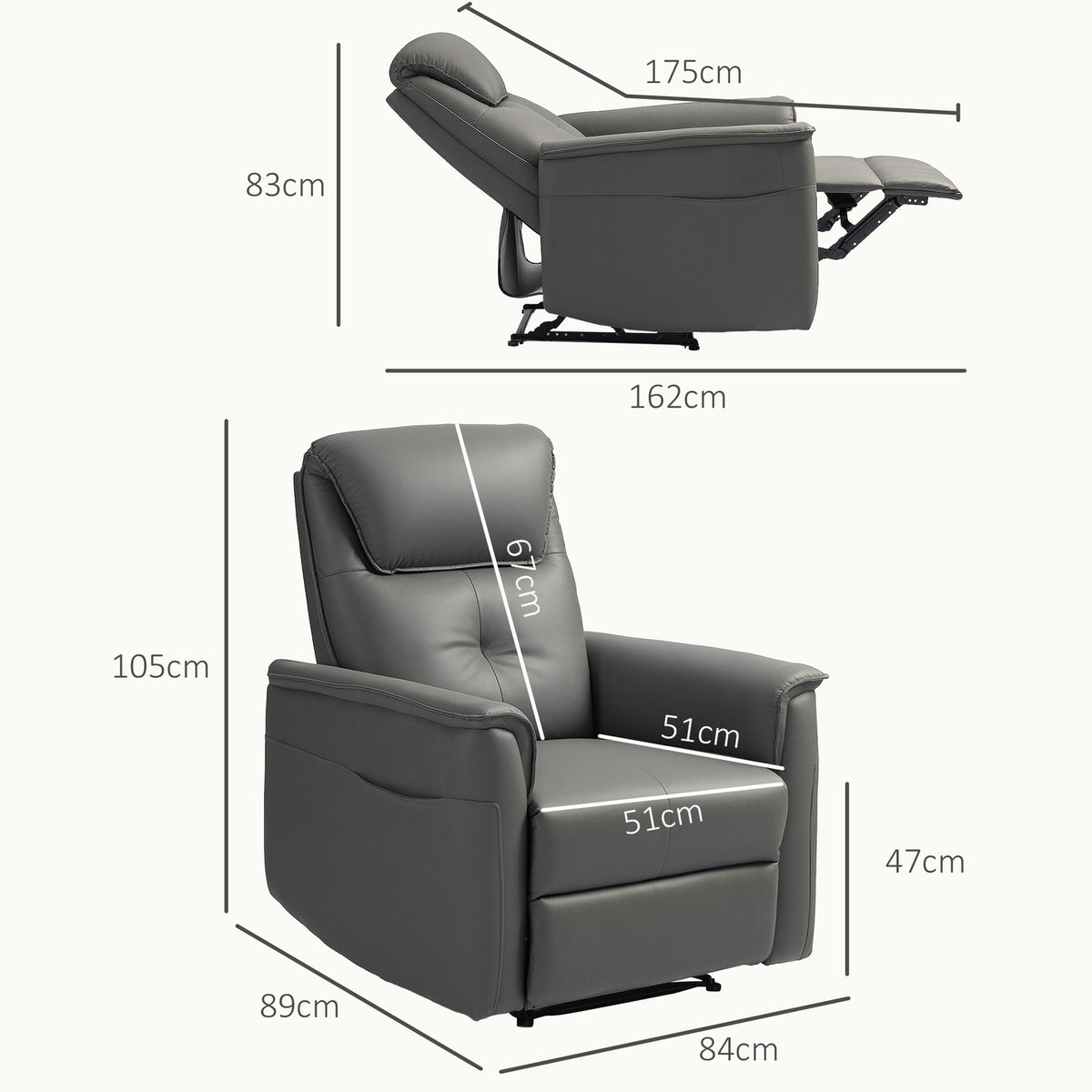 Relaxation chair, TV chair with reclining function, pocket spring core, upholstered TV chair with footrest, side pocket, for living room, bedroom, light gray