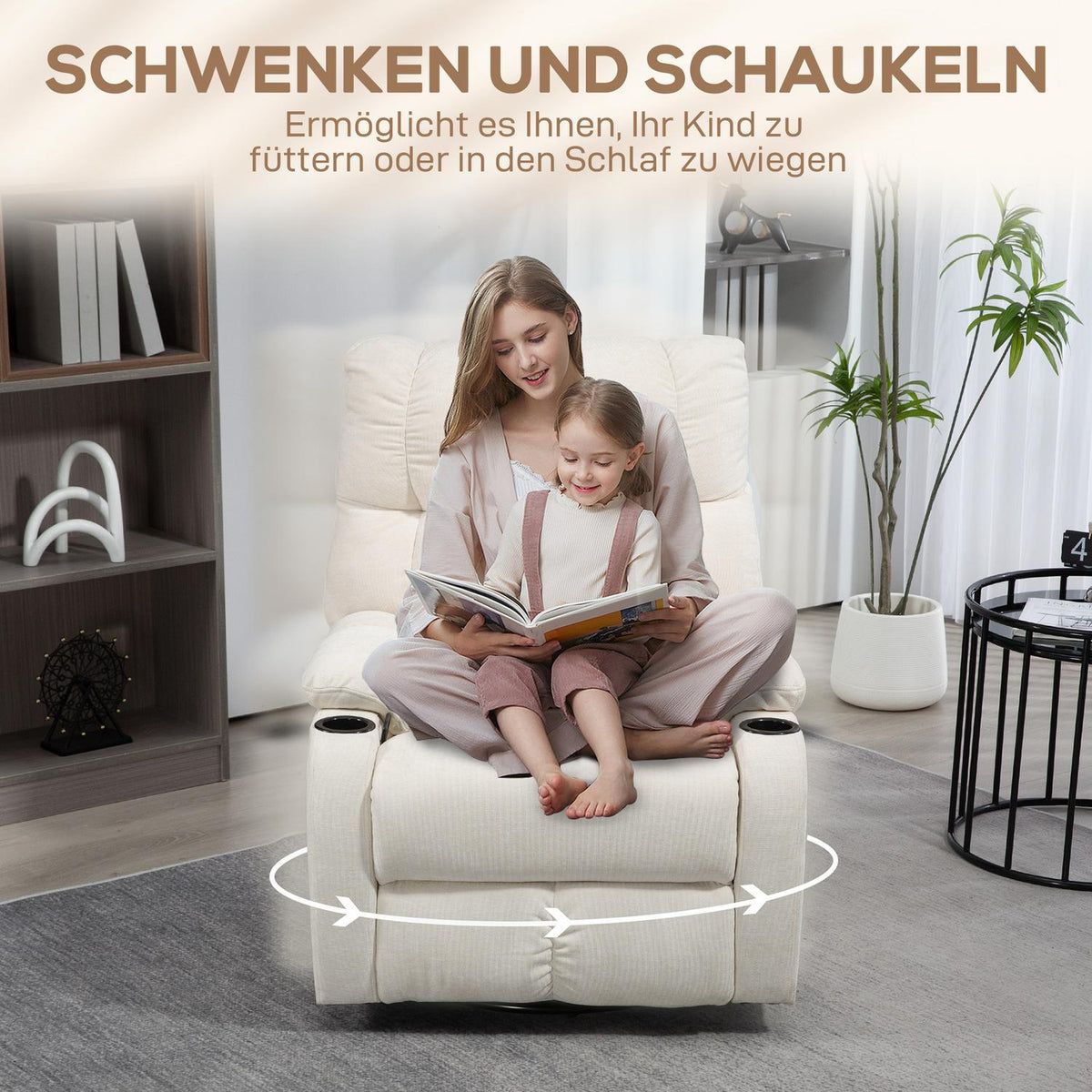 Relaxation chair TV chair with reclining function, rocking function, rotating TV chair with footrest, pocket spring core and cup holder, for living room, beige