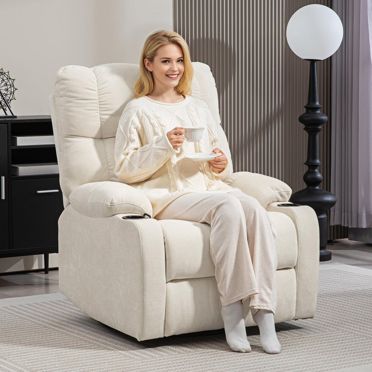 Relaxation chair TV chair with reclining function, rocking function, rotating TV chair with footrest, pocket spring core and cup holder, for living room, beige