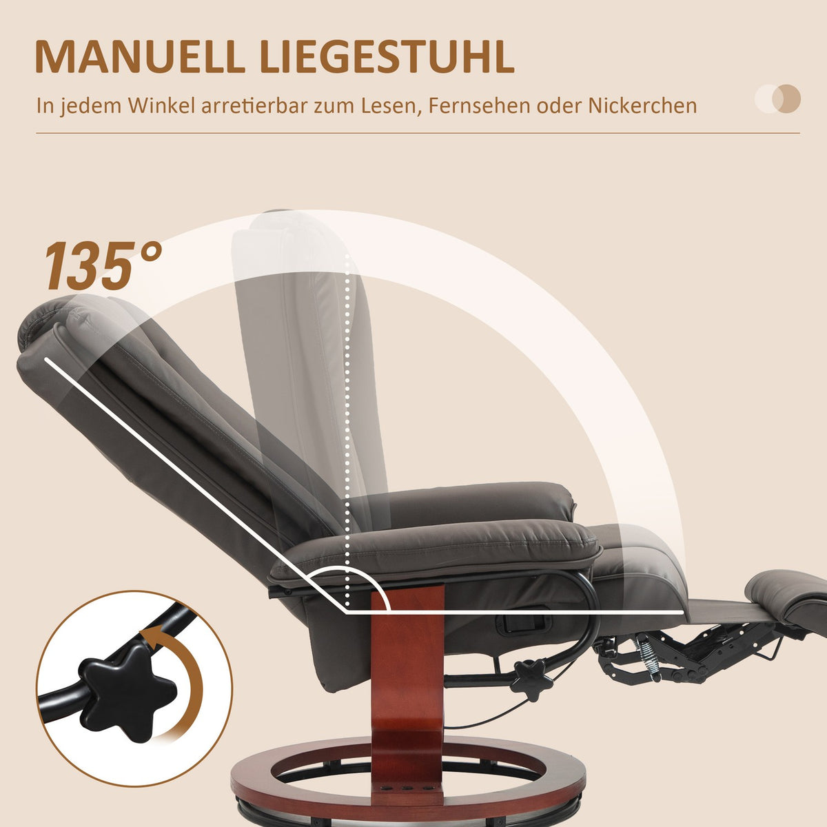 Relaxation chair, TV chair with reclining function, rotating recliner, TV chair with adjustable backrest, reclining chair, load-bearing up to 150 kg, faux leather, brown