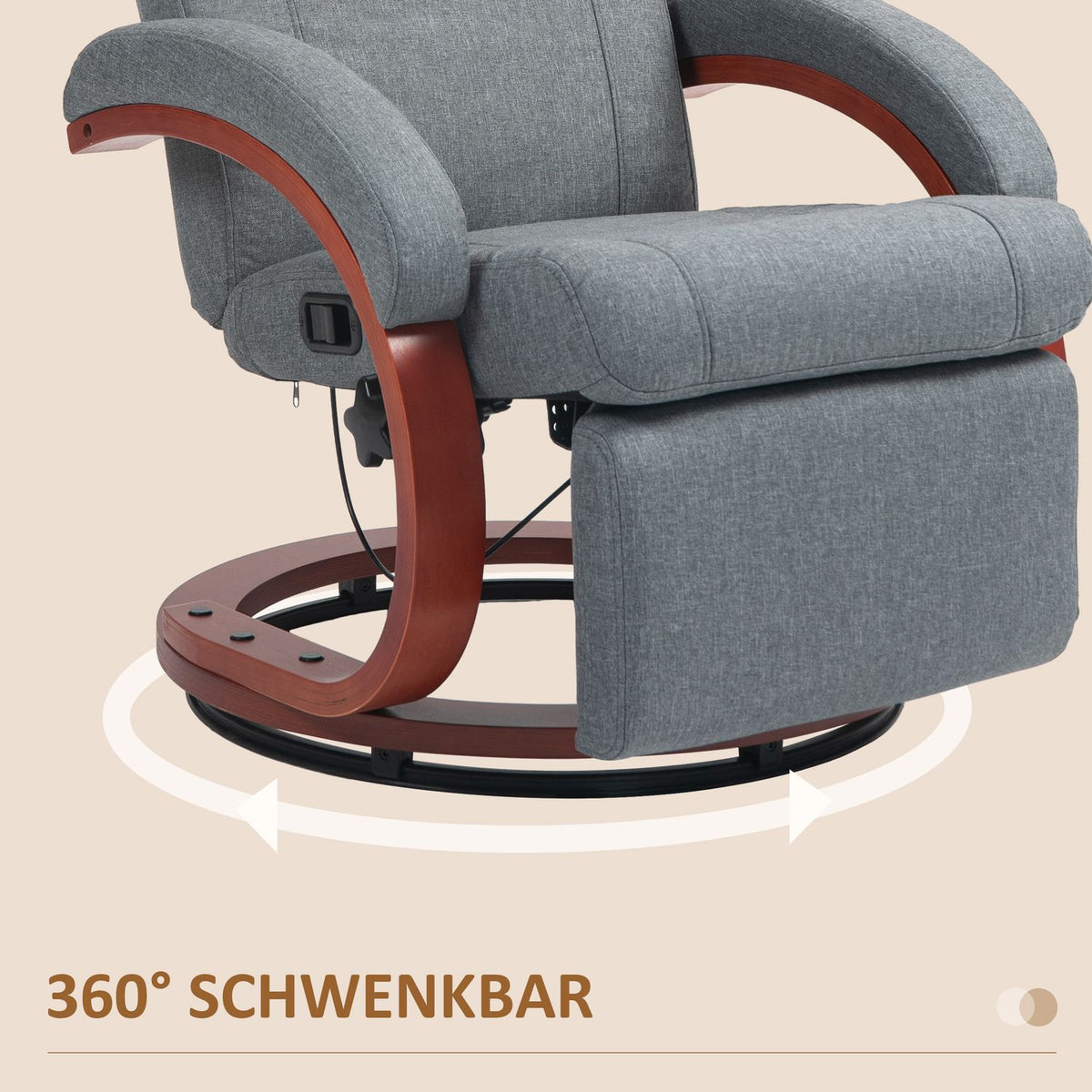 Relaxation chair TV chair with reclining function, wooden armrest, swivel recliner TV chair with adjustable backrest, reclining chair, fabric, gray