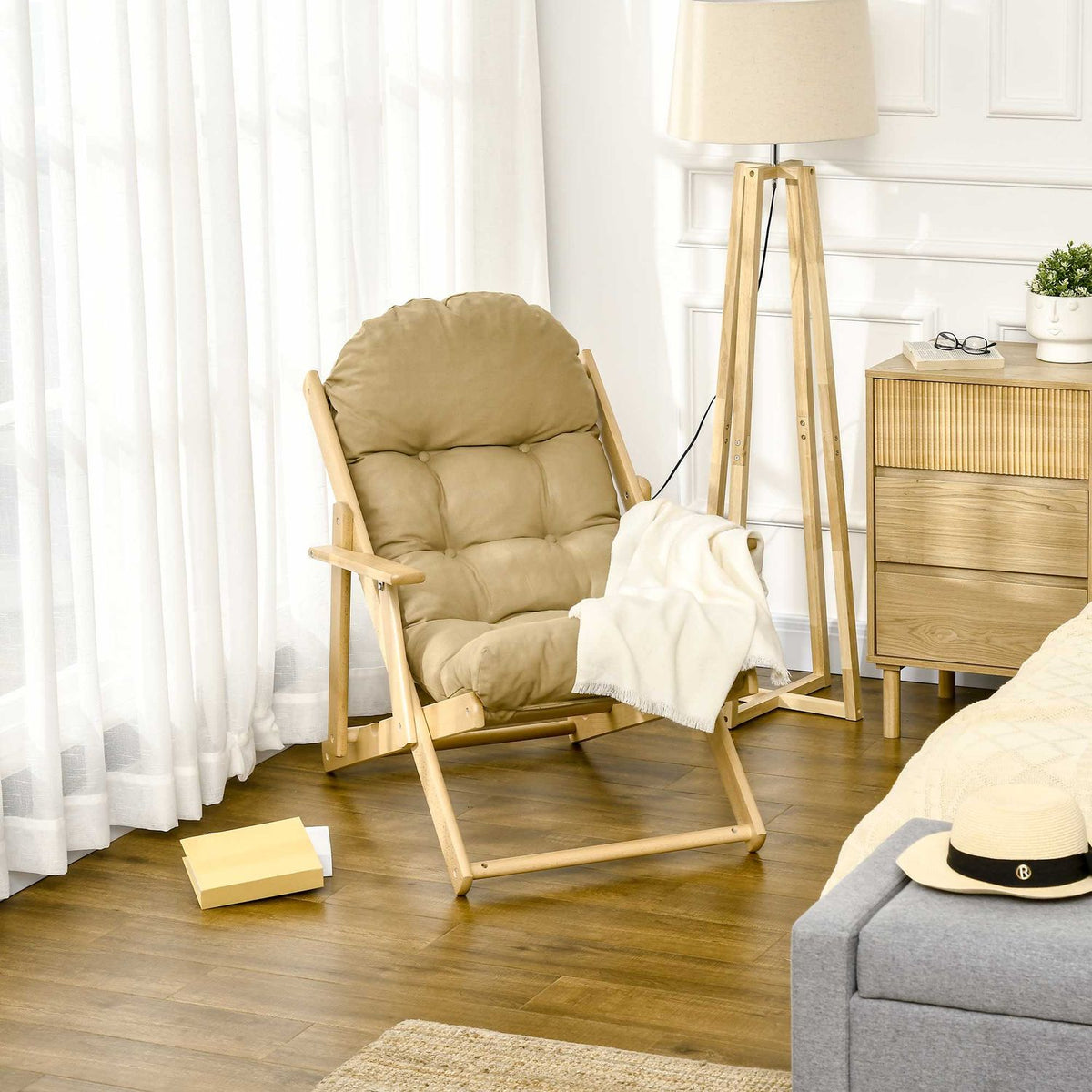 Relaxation chair, folding upholstered chair, recliner, relaxation chair, dining chair with linen look for living room, beech wood, 71 x 89 x 96 cm brown