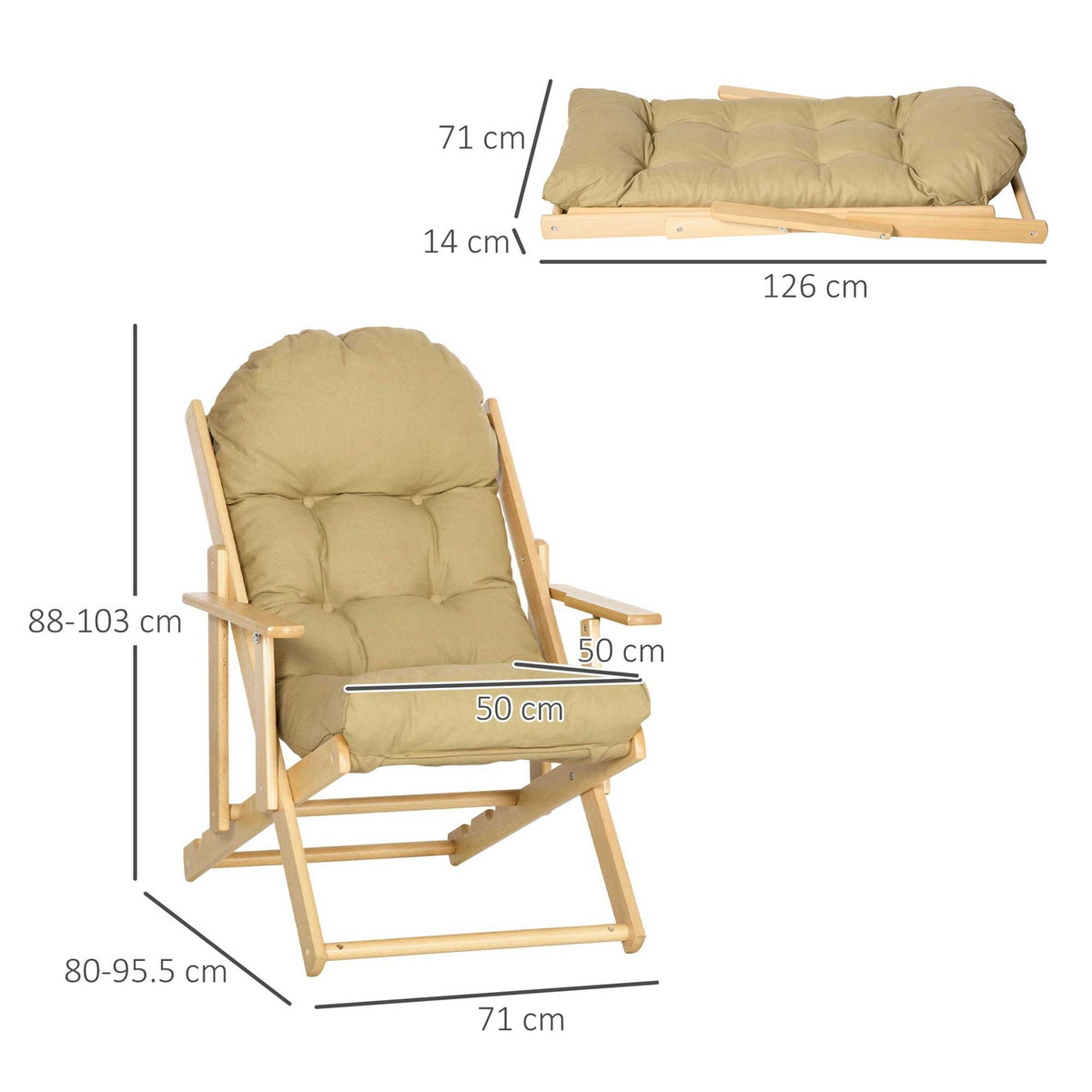 Relaxation chair, folding upholstered chair, recliner, relaxation chair, dining chair with linen look for living room, beech wood, 71 x 89 x 96 cm brown
