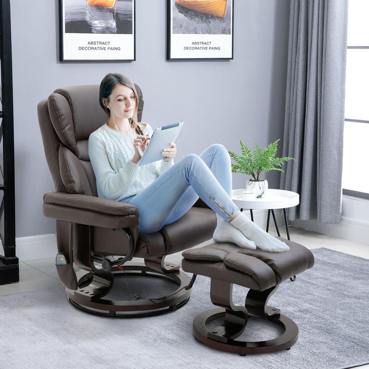 Relaxation chair, massage chair, armchair with footstool, reclining function, faux leather, brown, 79 x 82 x 101 cm
