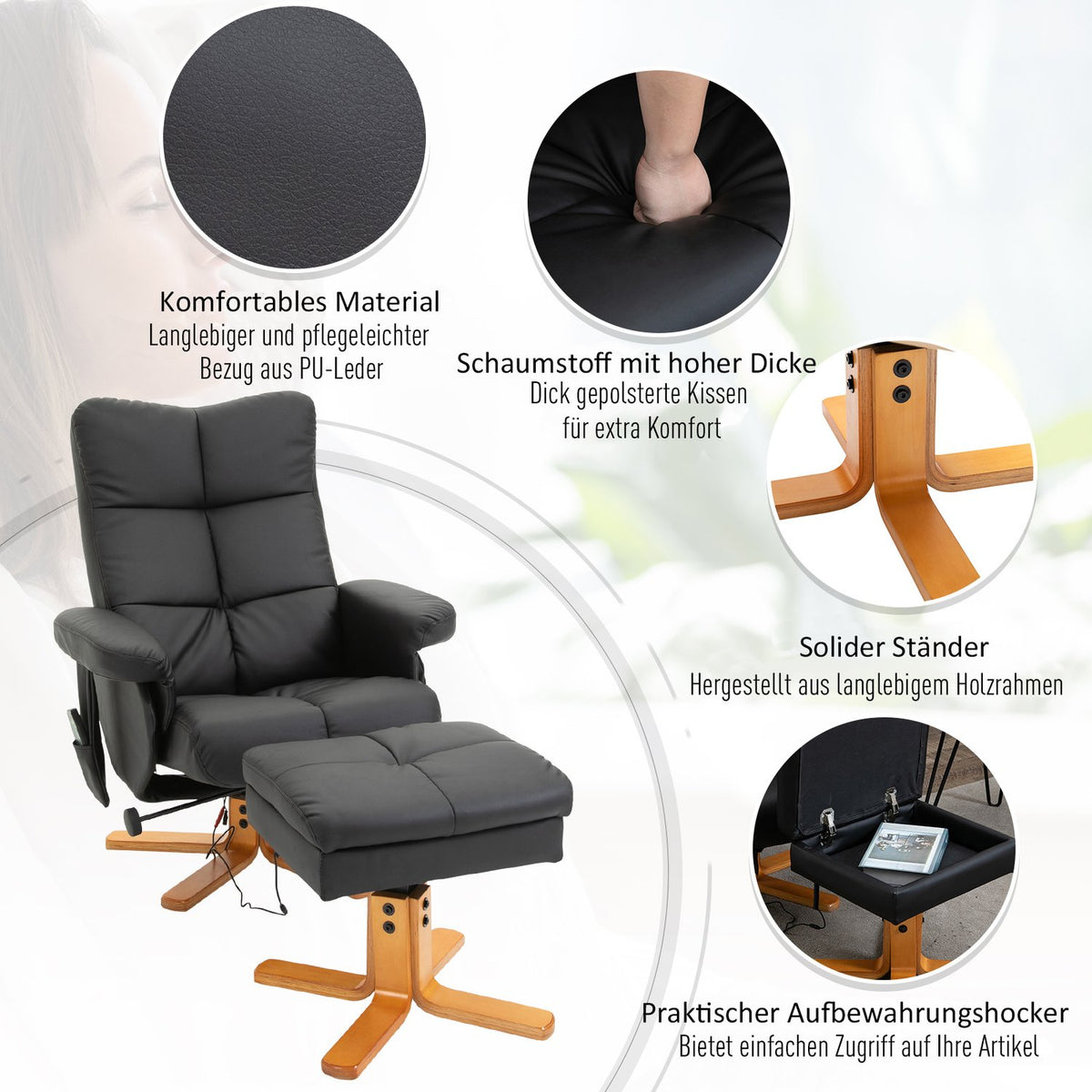 Relaxation chair, massage chair with footstool, TV chair, 145° tilt, 10 vibration points, faux leather, black