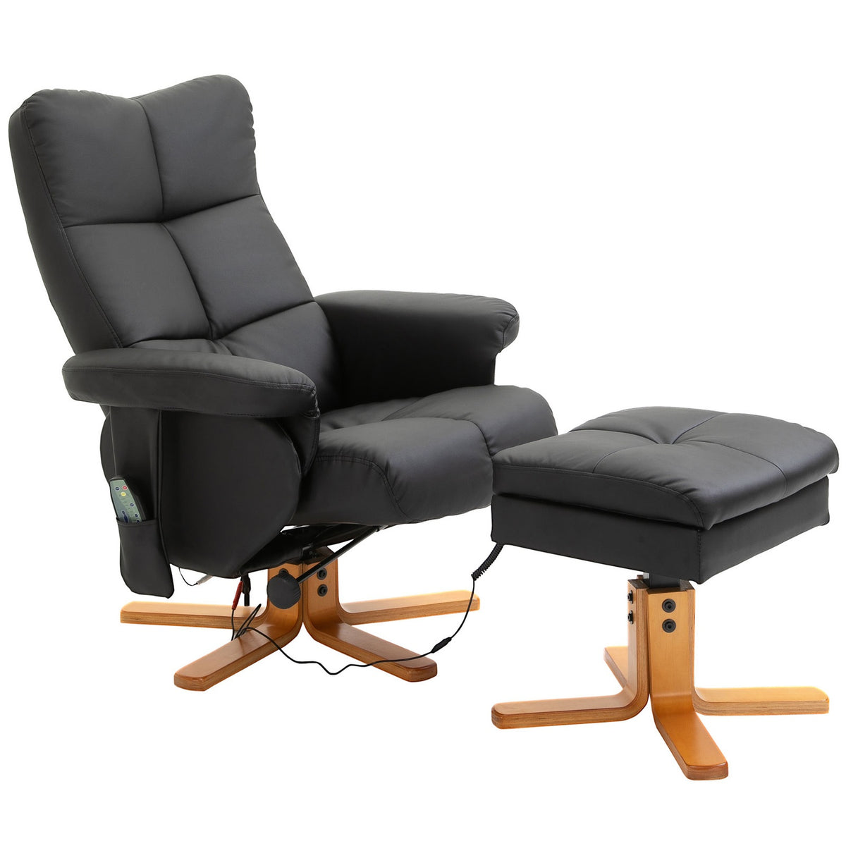 Relaxation chair, massage chair with footstool, TV chair, 145° tilt, 10 vibration points, faux leather, black