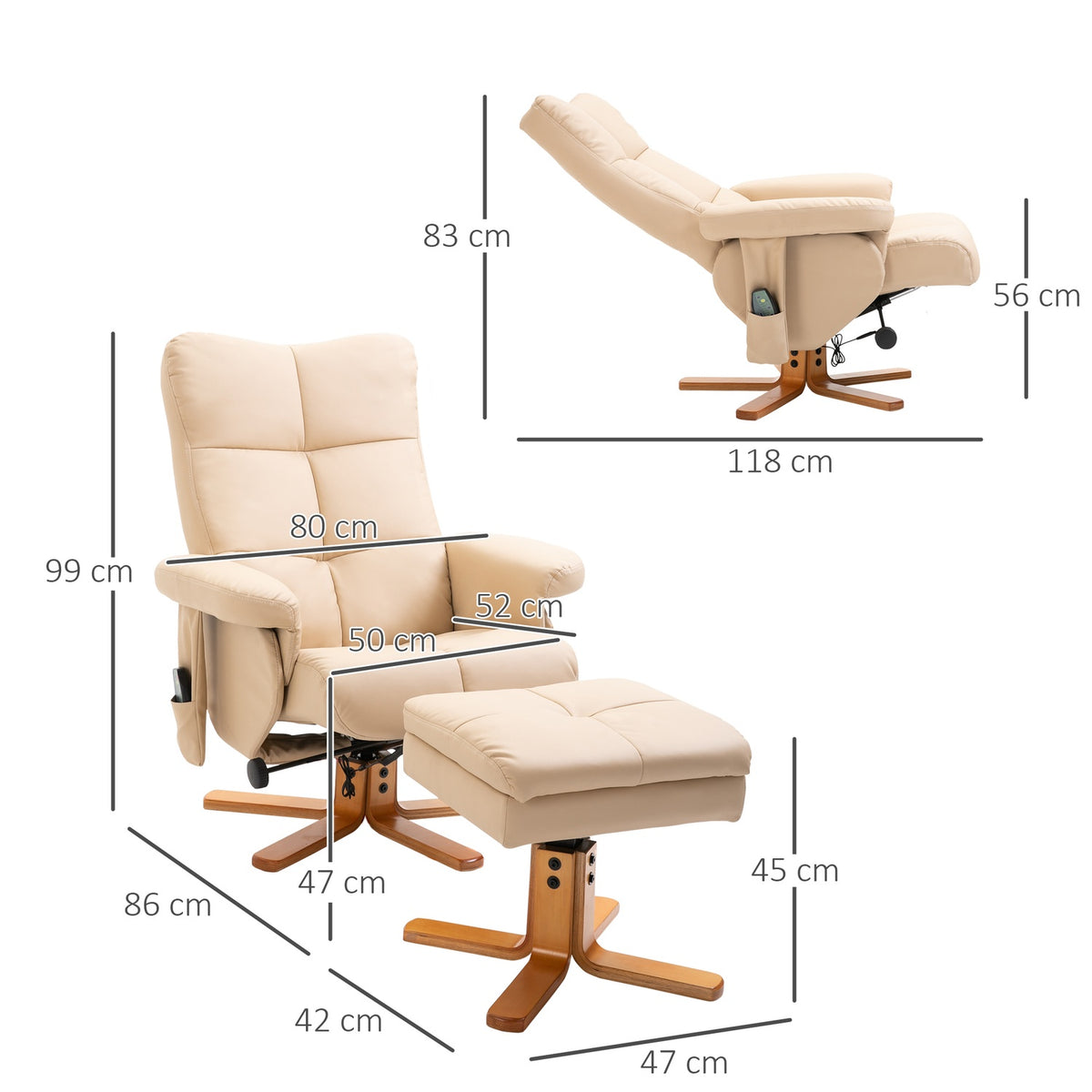 Relaxation chair, massage chair with footstool, TV chair, 145° tilt, recliner, faux leather, cream white
