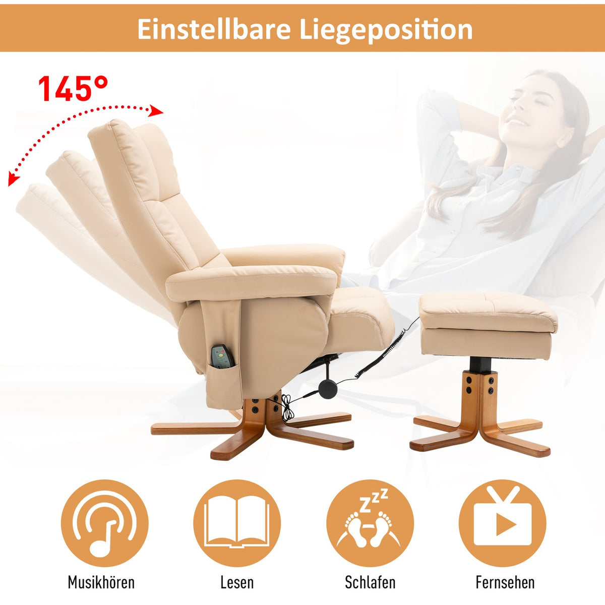 Relaxation chair, massage chair with footstool, TV chair, 145° tilt, recliner, faux leather, cream white