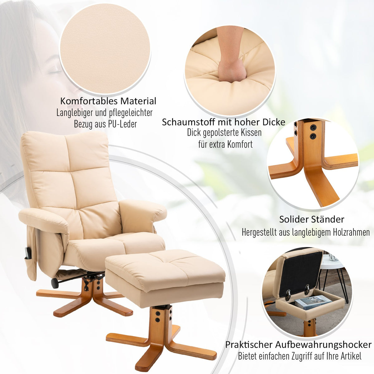 Relaxation chair, massage chair with footstool, TV chair, 145° tilt, recliner, faux leather, cream white