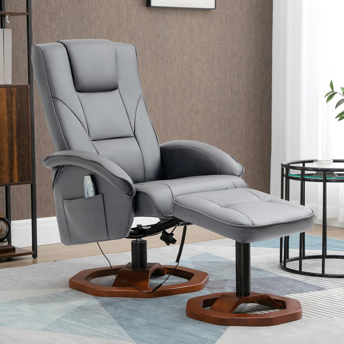 Relaxation chair, massage chair with stool, TV chair with reclining function, 360° rotatable with side pocket, faux leather, 73 x 83 x 106cm, dark grey