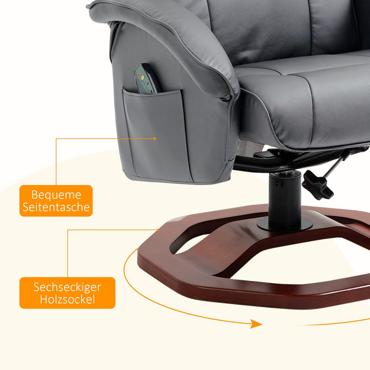 Relaxation chair, massage chair with stool, TV chair with reclining function, 360° rotatable with side pocket, faux leather, 73 x 83 x 106cm, dark grey