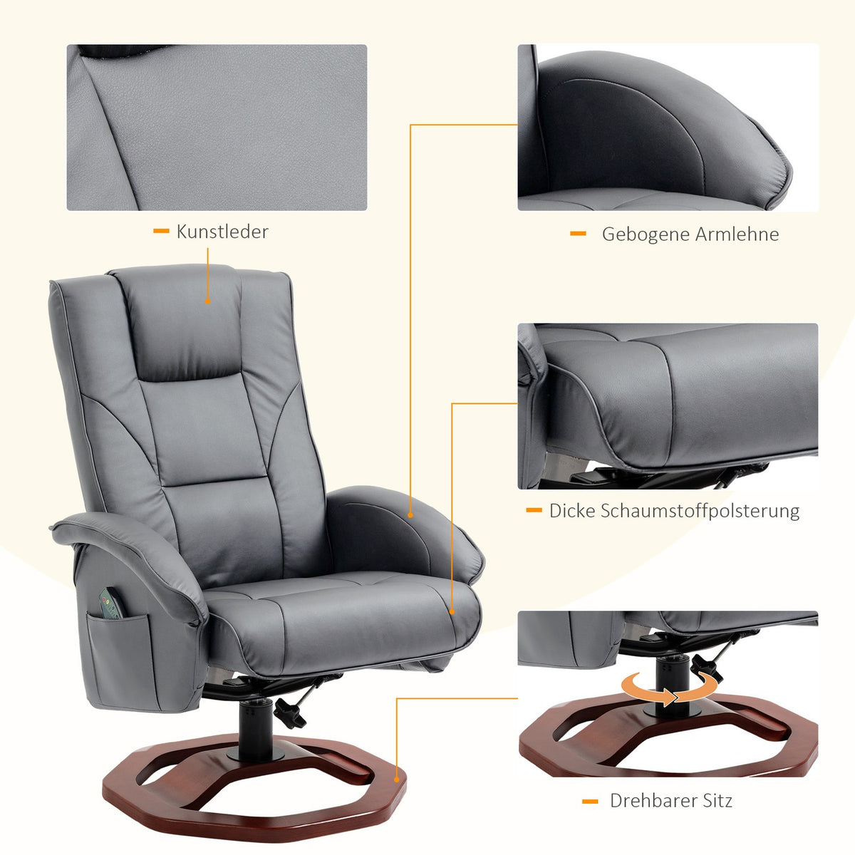 Relaxation chair, massage chair with stool, TV chair with reclining function, 360° rotatable with side pocket, faux leather, 73 x 83 x 106cm, dark grey